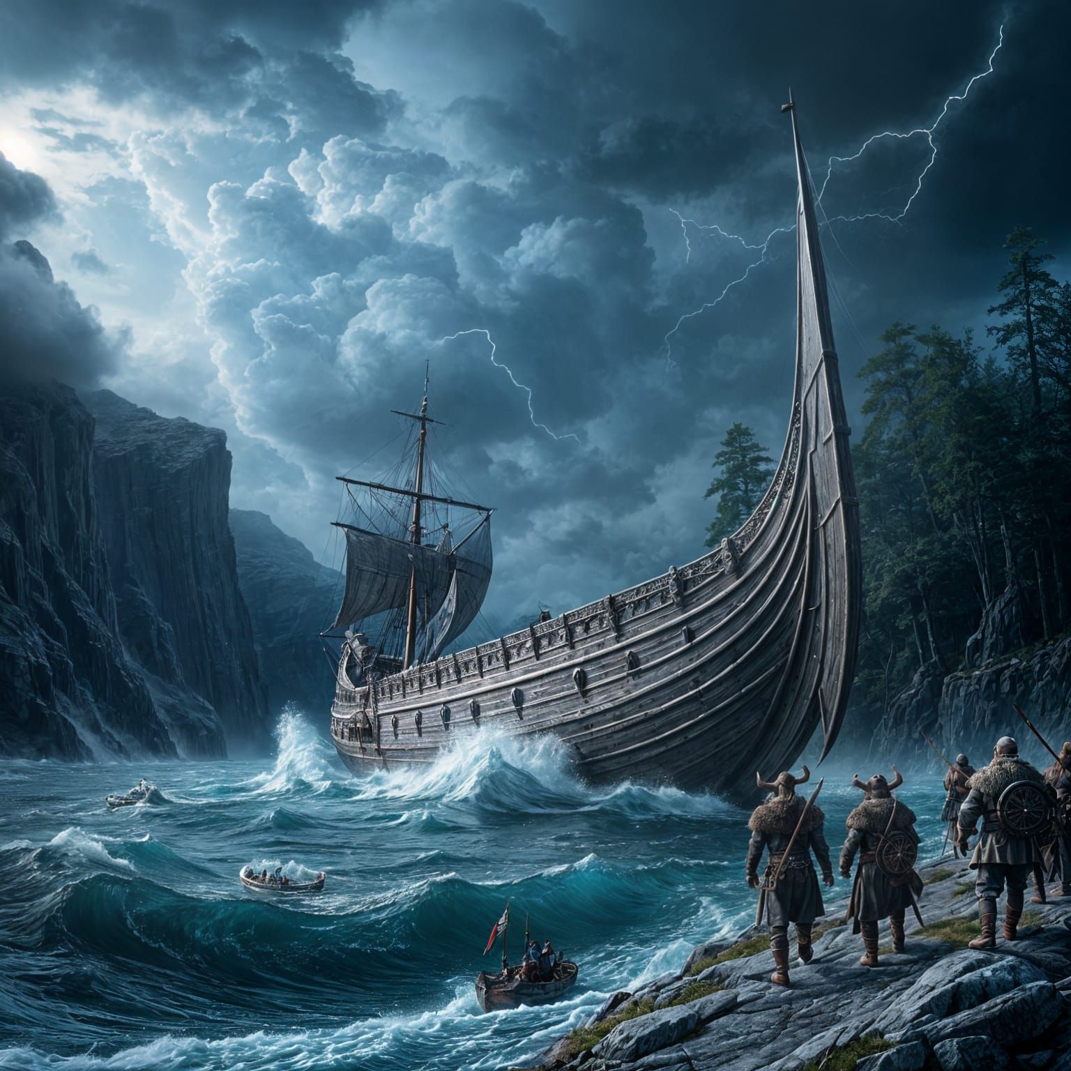 Viking Longship Emerges from Stormy Sea into Serene Harbor