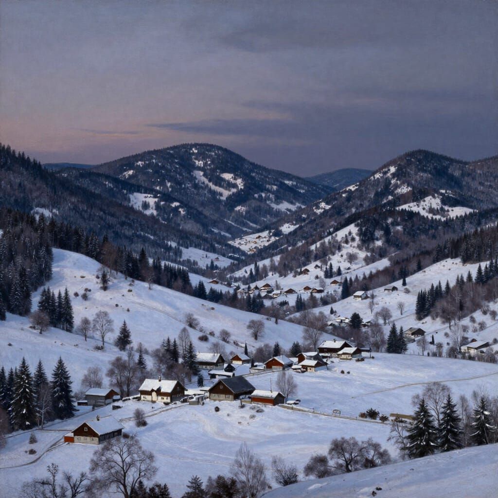 Serene Winter Valley Landscape Painting with Farms