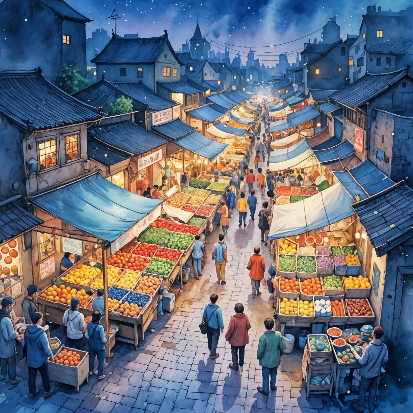 Whimsical Night Market Watercolor Painting