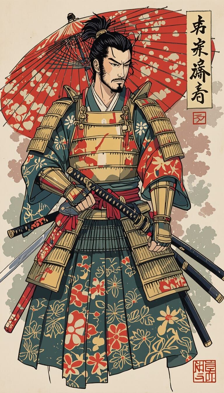 Samurai in Traditional Armor with Vibrant Colors
