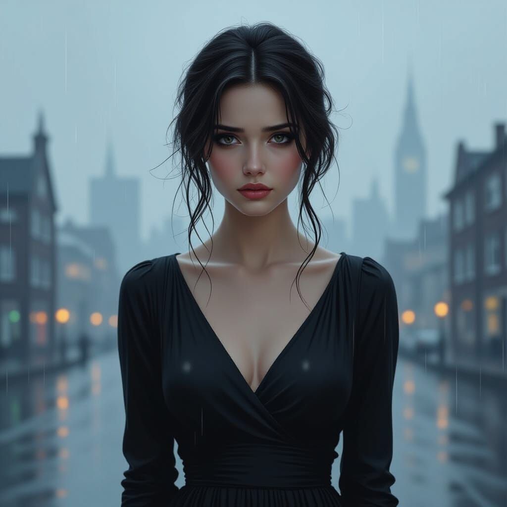 Melancholic Woman in Rainy Cityscape