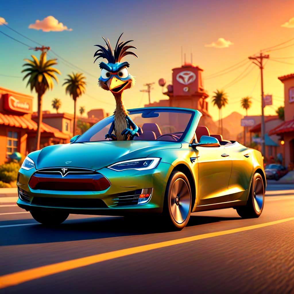 Surreal Roadrunner Drives a Futuristic Tesla in Bright, Grad...