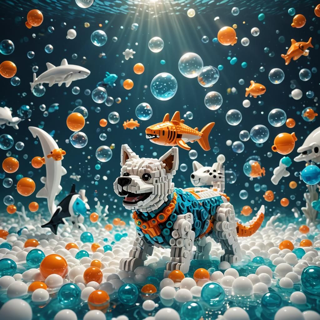 Lego Dog-Cat-Shark Hybrid in Bioluminescent Sea