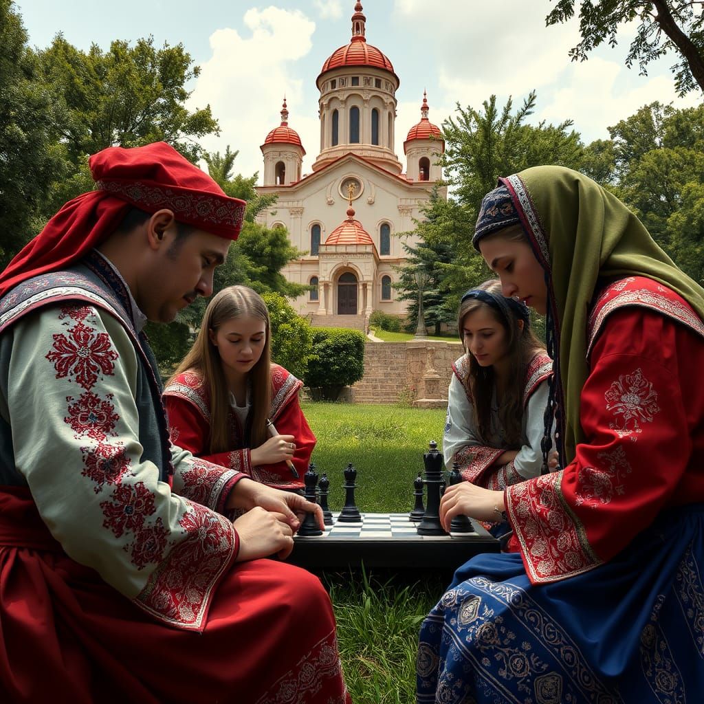 Bulgarians Play Chess in Sofia Park: Fantasy Concept Art