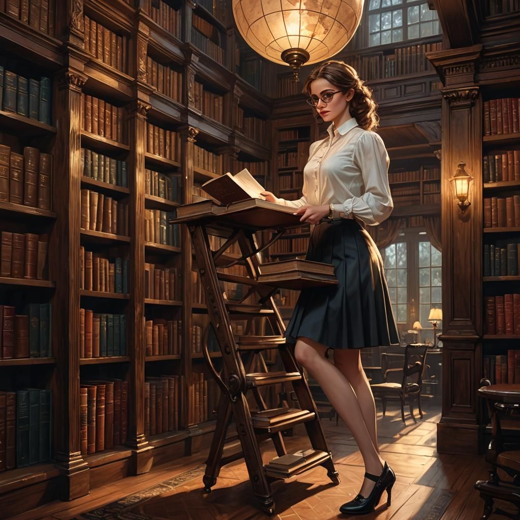 Victorian Library Portrait with Girl in Miniskirt