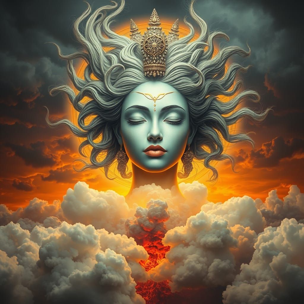 Goddess of Karma Surrounded by Apocalyptic Skies in Ethereal...