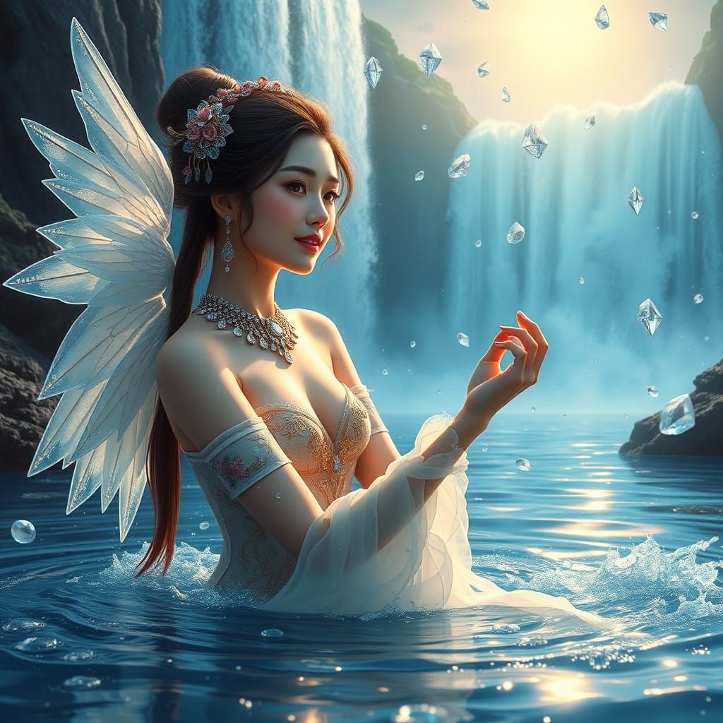 Kinnaree with Angel Wings in Diamond Waterfall