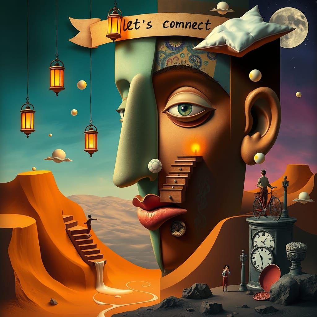 Surreal Dreamscape with Abstract Face and Connecting Symbols