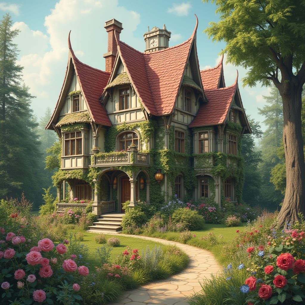 Dreamlike Mansion in Whimsical Gardens