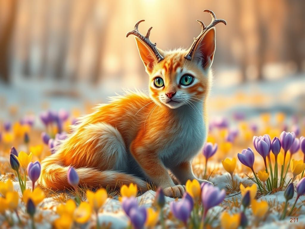 Whimsical Dragon Cat in Dreamlike Winter Landscape