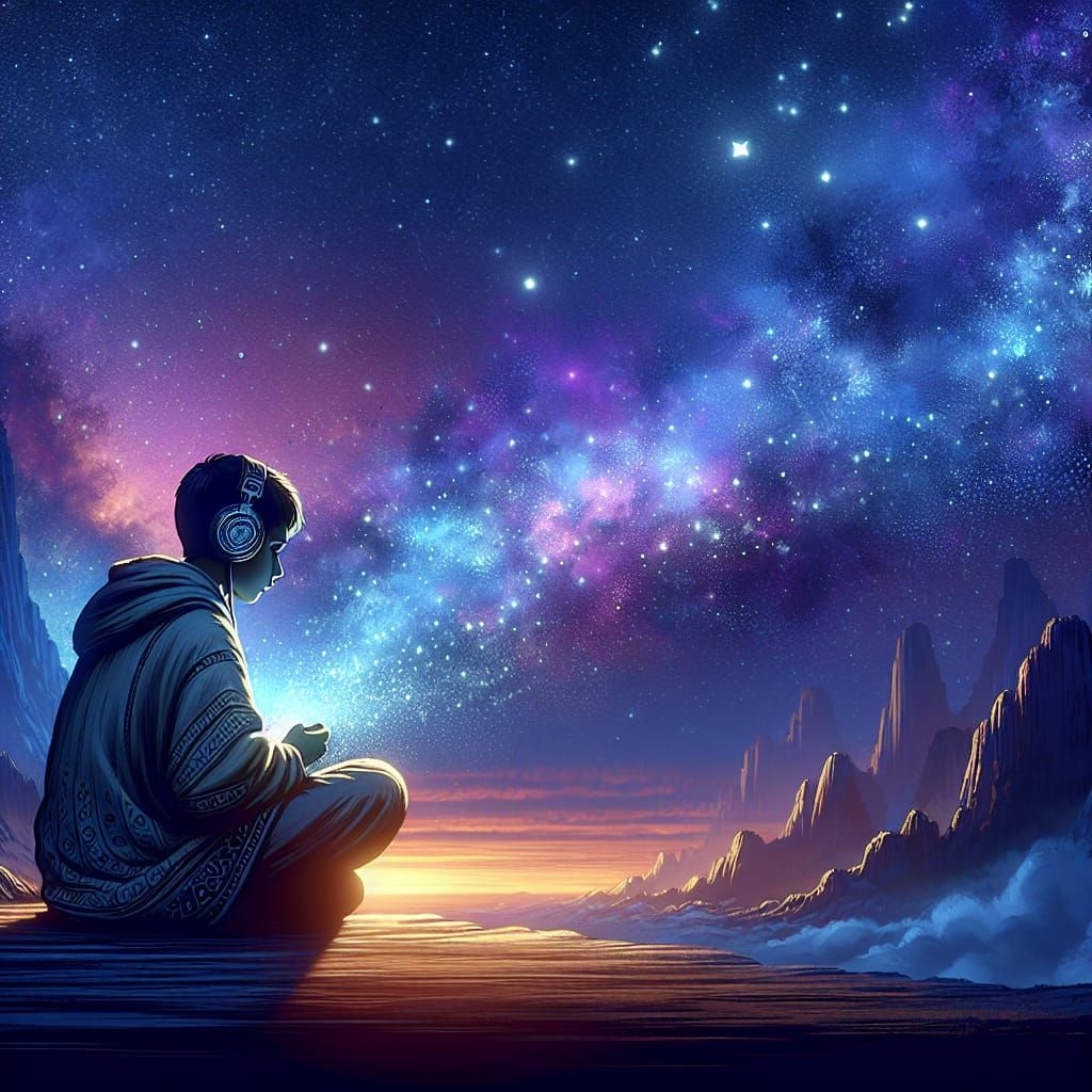 Boy Listening to Music Under Starry Sky in Fantasy Art