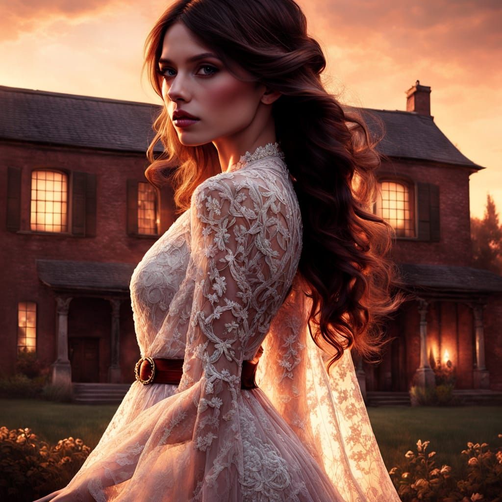 Elegant Lady in Lace Gown Before Victorian House
