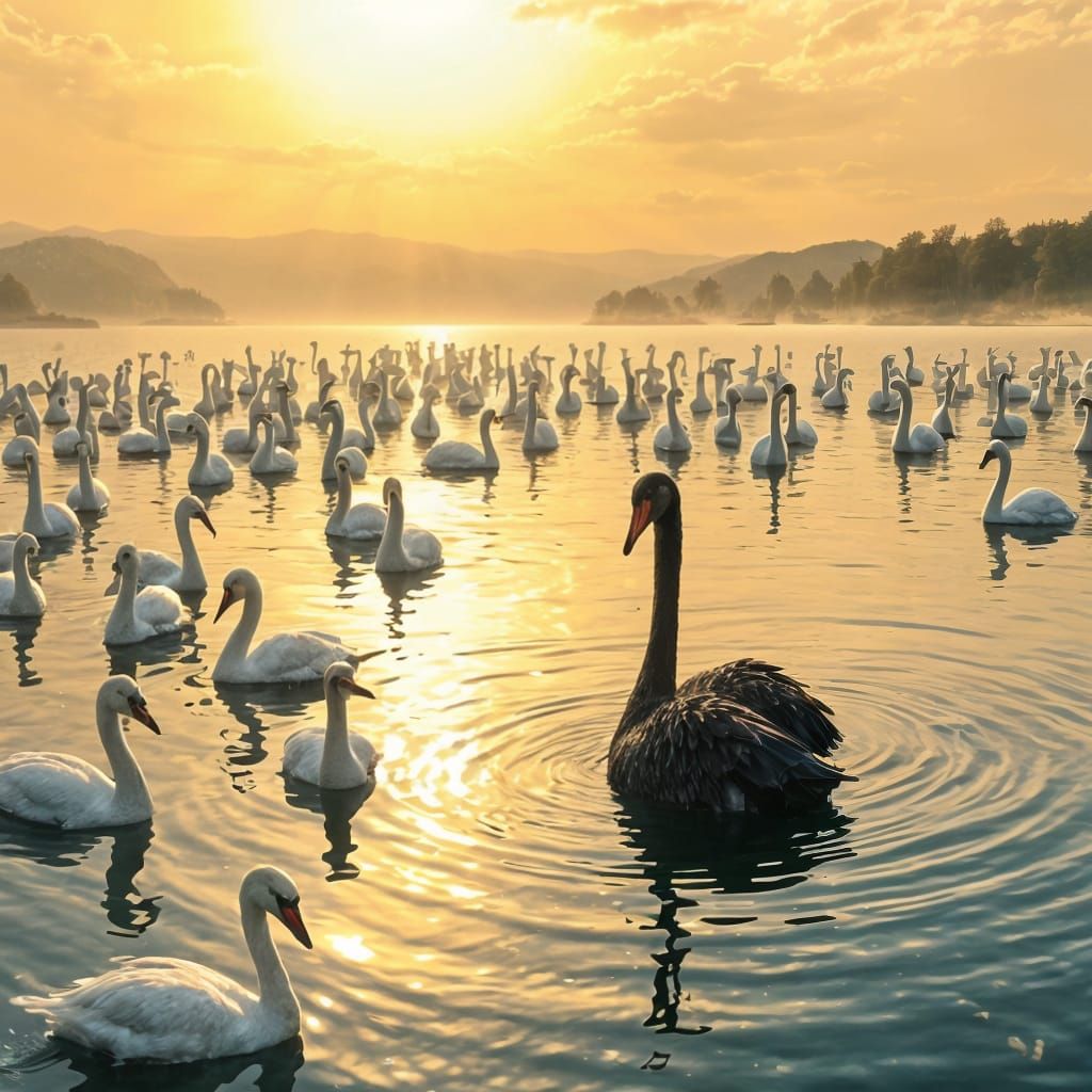 A Lone Black Swan Shines on a Summer Lake