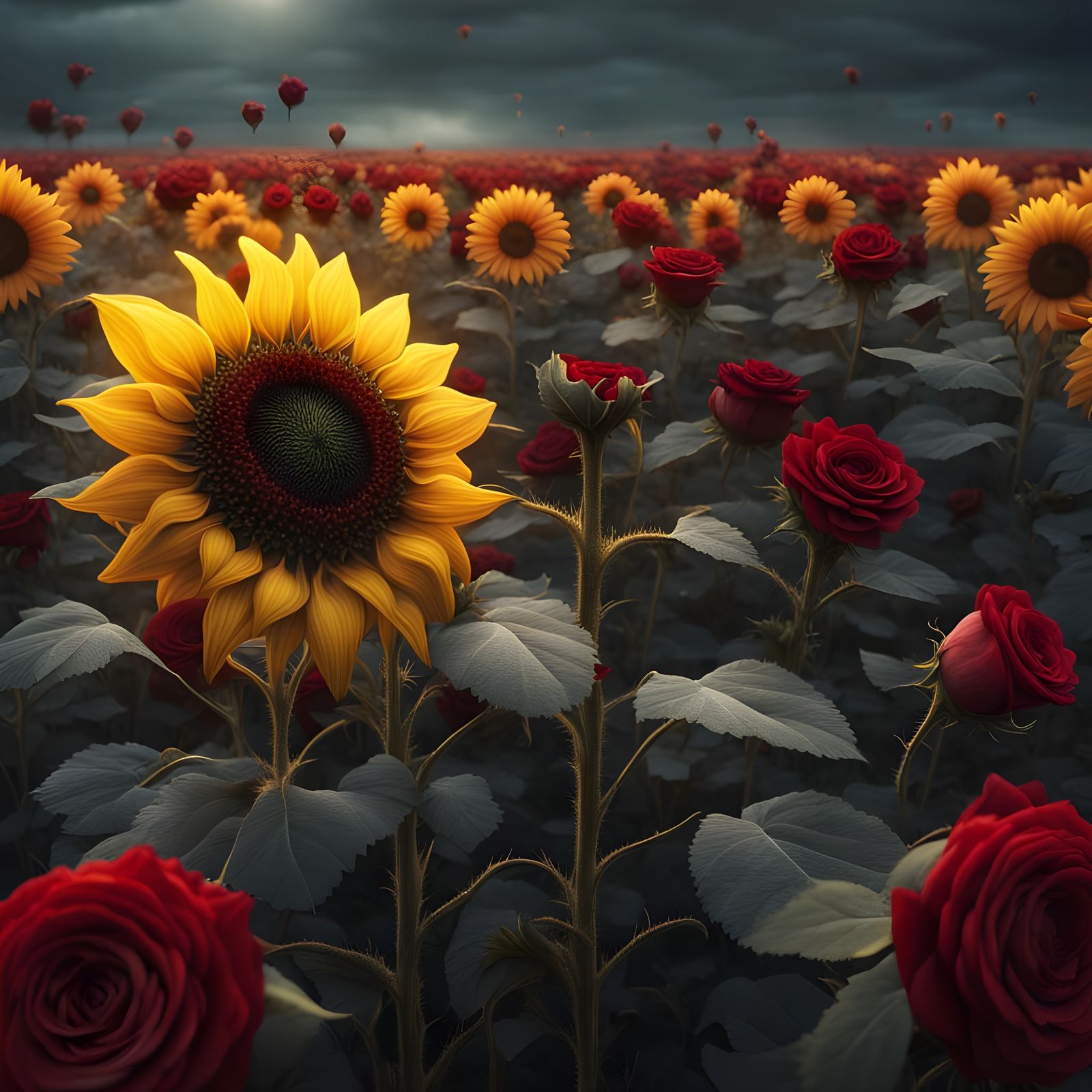 Dramatic Sunflower's End in a Rose Field