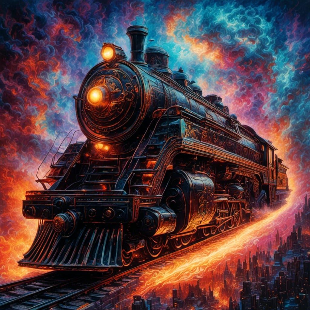 Retrofuturistic Flying Locomotive Soaring Through Cosmic Aur...