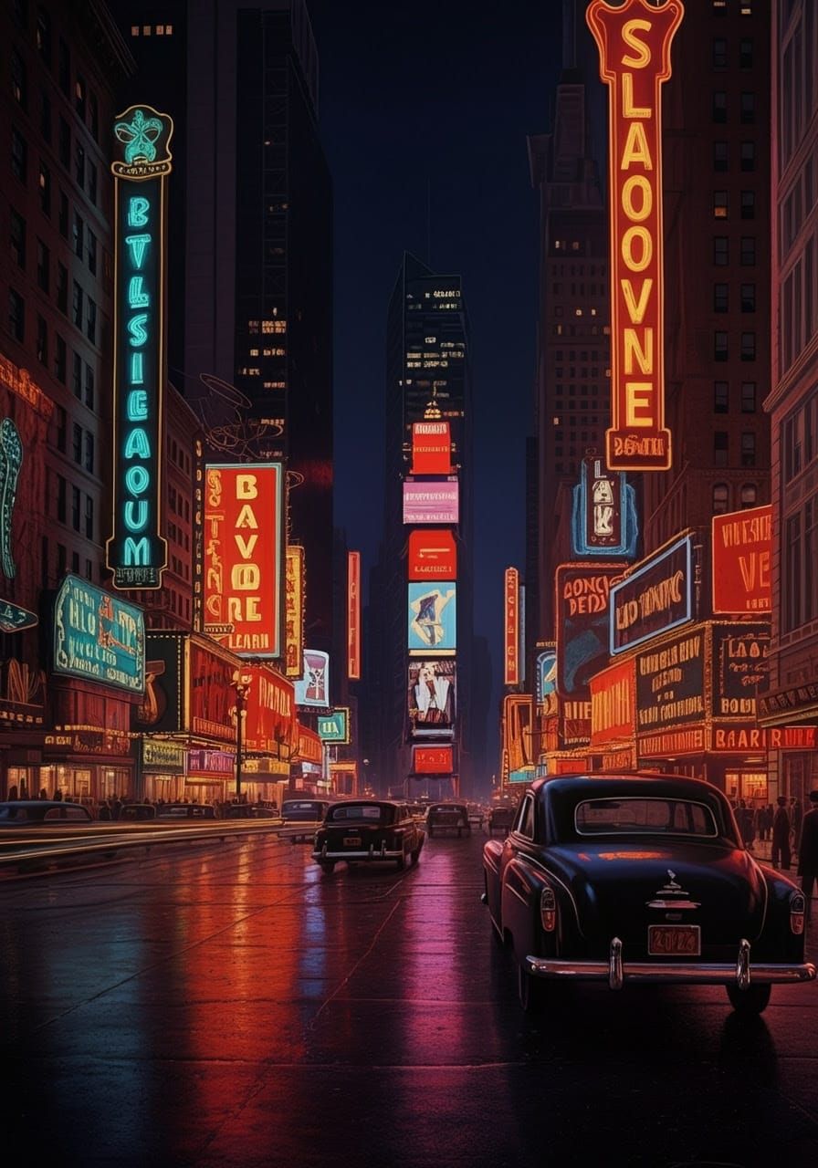 Vibrant 1950s Times Square at Night, in a Cyberpunk Aestheti...