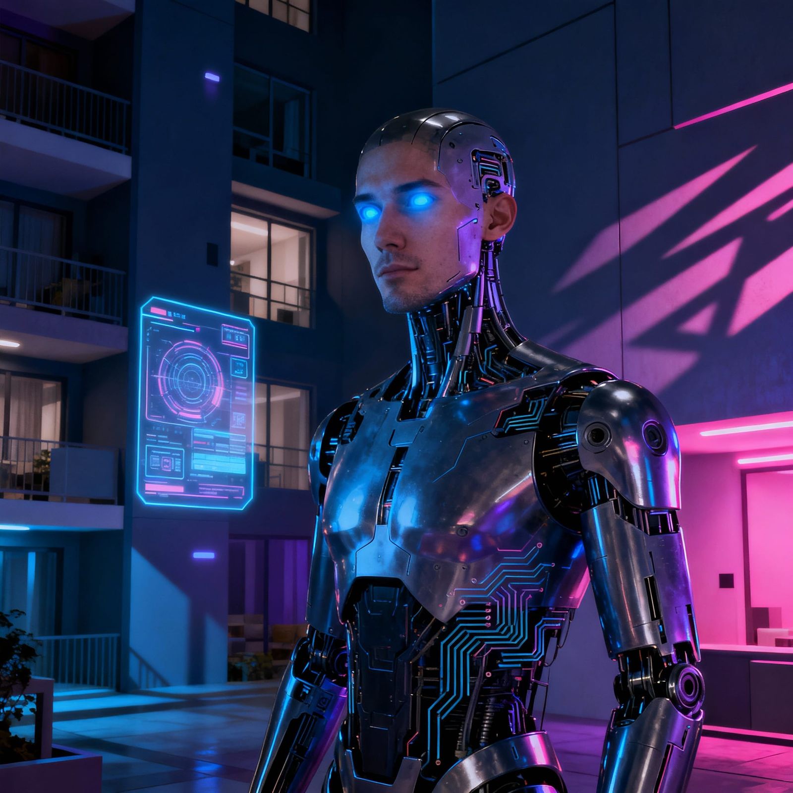 Masculine Android in Futuristic Apartment, Concept Art Style