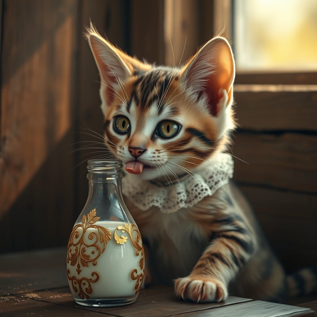 Whiskered Cat Licks Vintage Milk Bottle in Warm, Golden Ligh...