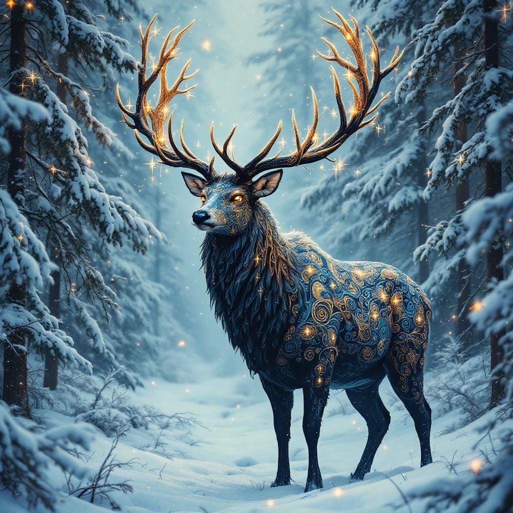 Majestic Stag in Snowy Forest, Mystical Realism Style
