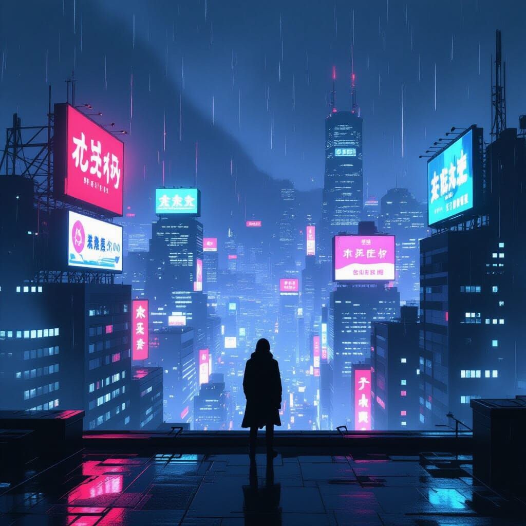 Lone Figure Over Neon Metropolis Rooftop at Night