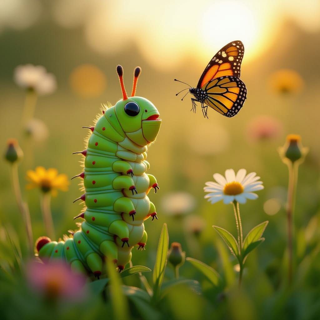 Caterpillar Gazing at Butterfly in Meadow