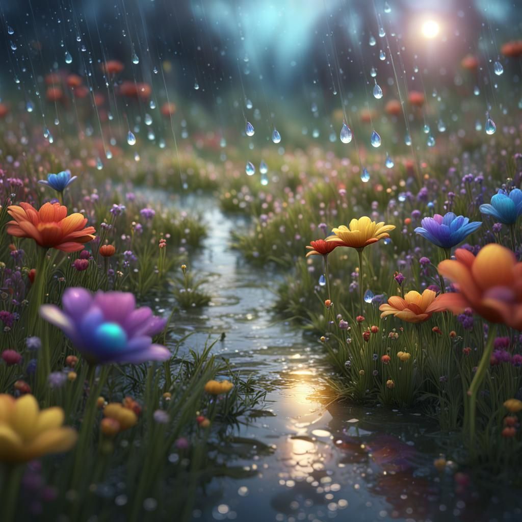 Rainbow Flowers Reflected in Raindrops: Matte Painting