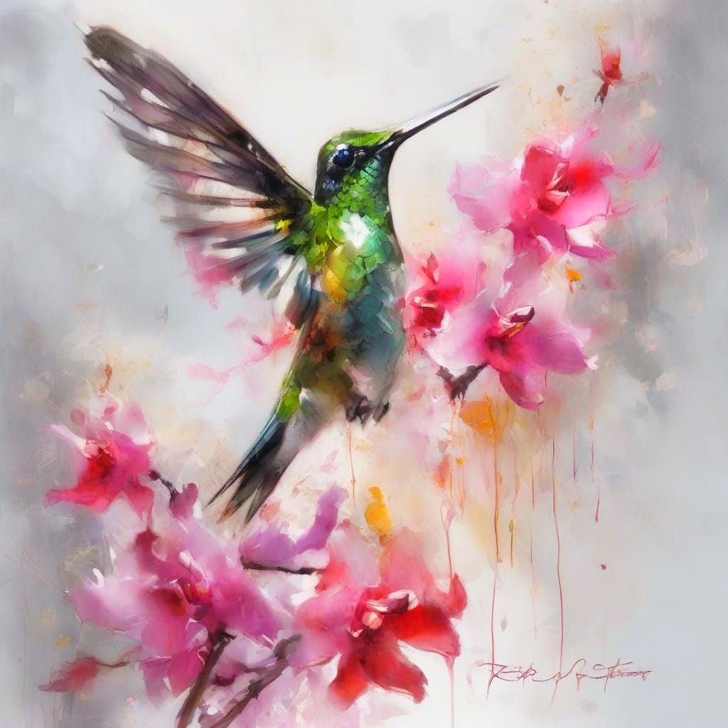 Hummingbird and Orchids in Sunlight Neo-Impressionist Oil Pa...