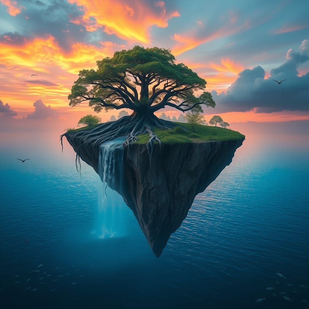 Ethereal Floating Oasis in a Sunset Glow