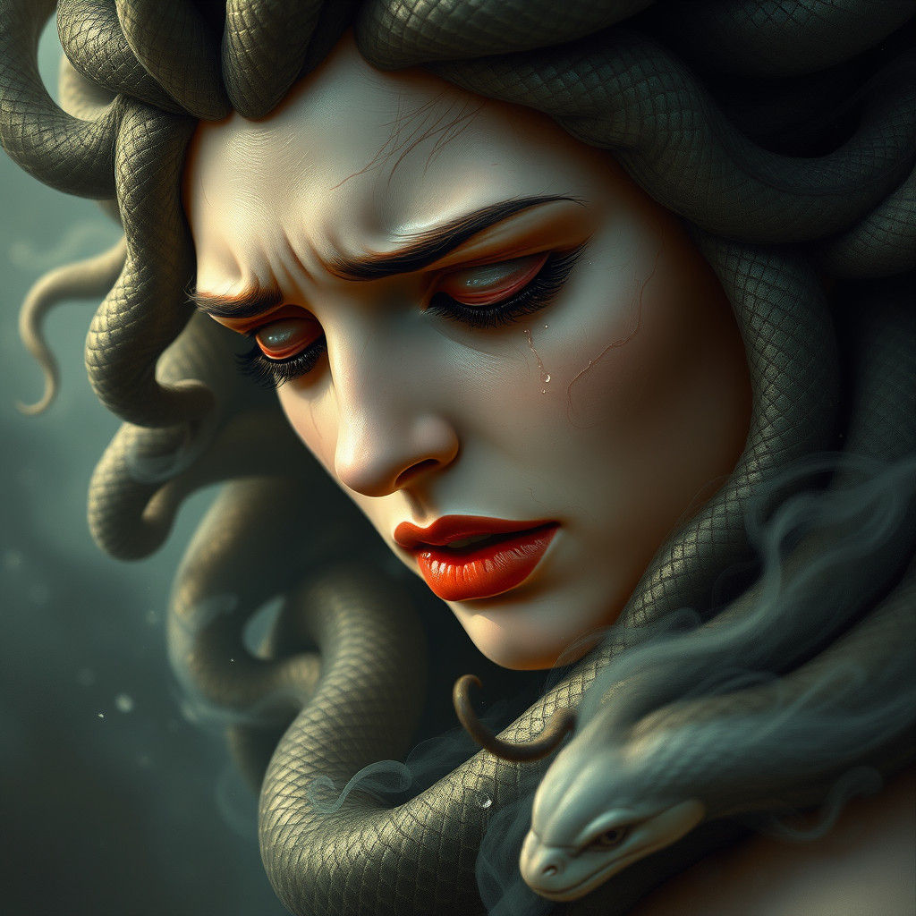 Distraught Medusa Weeping in Ethereal Light