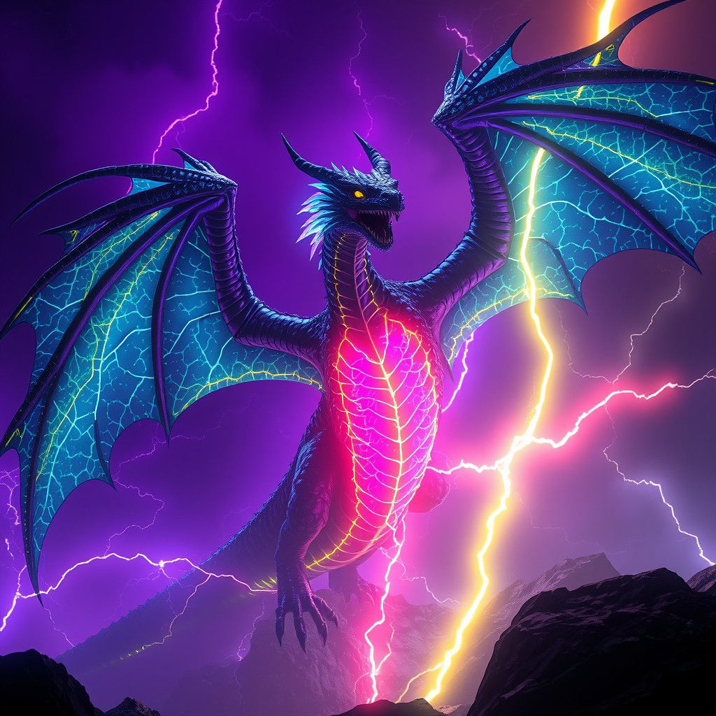 Electric Dragon with Neon Veins and Rainbow Lightning