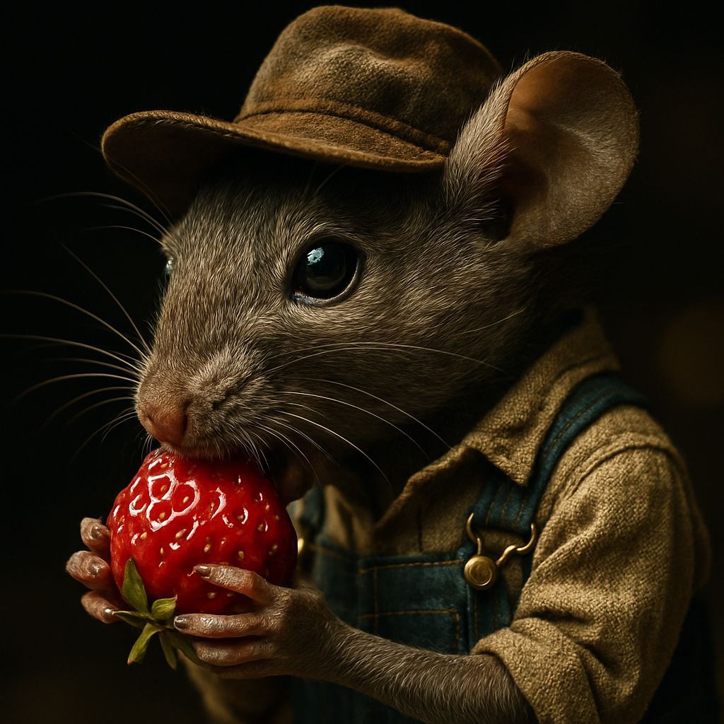 Mouse Farmer Eating Strawberry in Dramatic Light
