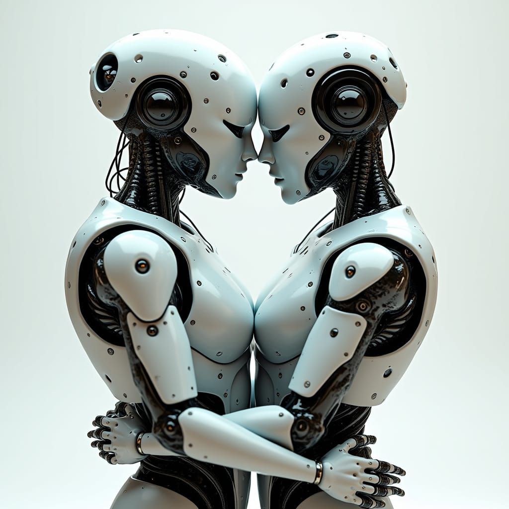 Cyborgs Embracing in a Futuristic Union