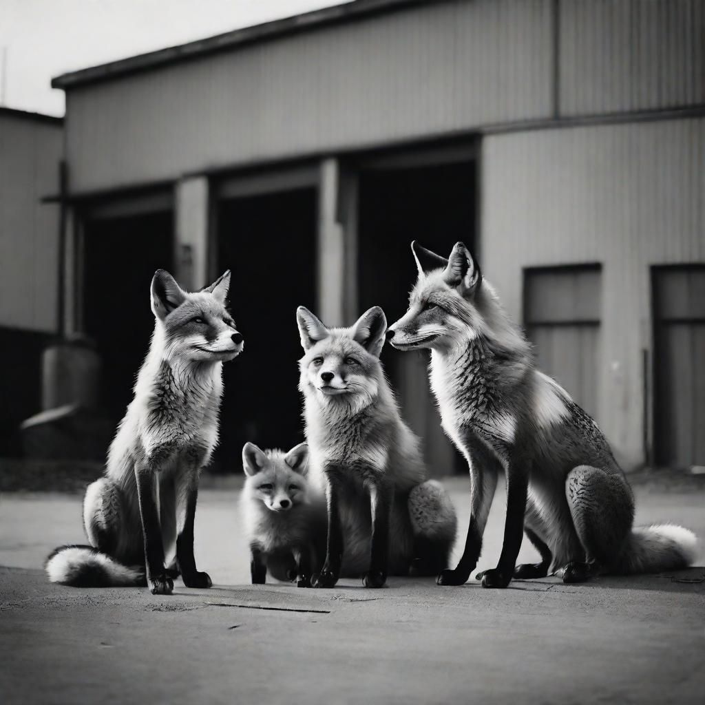 Anthro Fox Family Outside Factory, Vintage B&W Photo