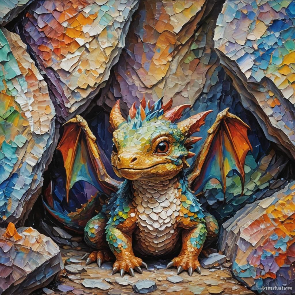 Baby Dragon Hatching in Cave: Neo-Impressionist Oil Painting