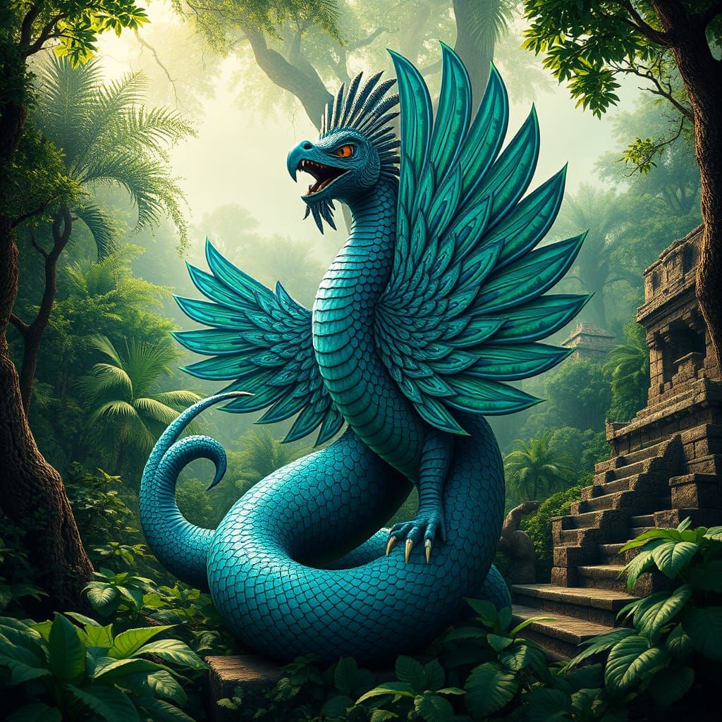 Surreal Mesoamerican Deity Rises from Jungle in Vibrant, Iri...