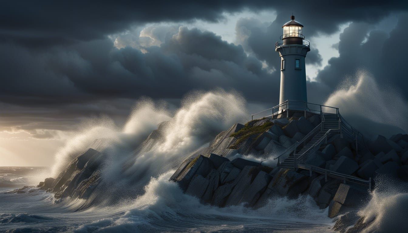 Stormy Coastal Lighthouse at Blue Hour