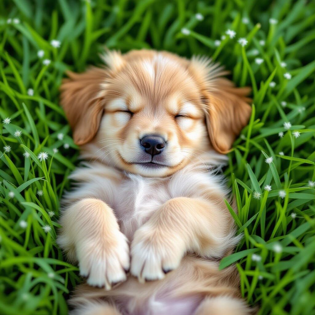 Adorable Baby Golden Retriever Sleeping in Lush Grass