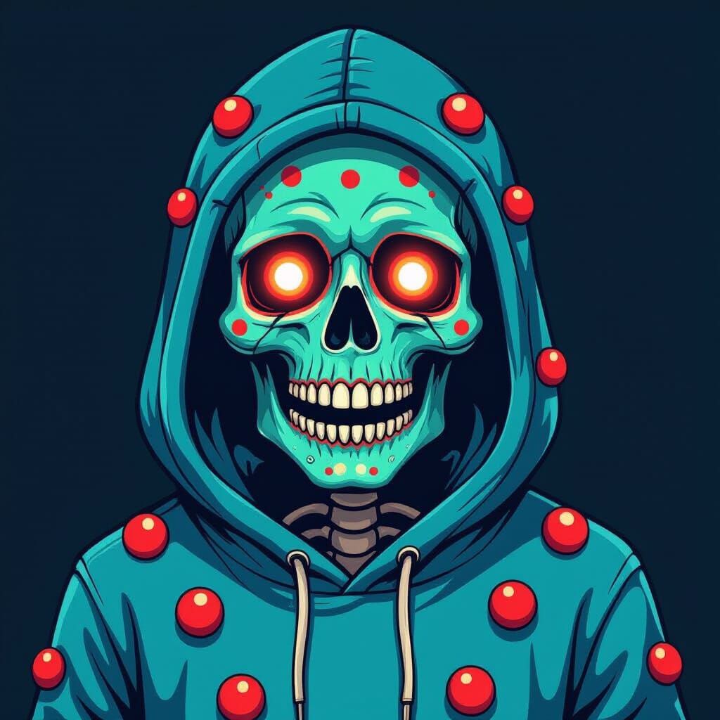 Vibrant Turquoise Skeleton with Glowing Red Eyes in Folk Art...