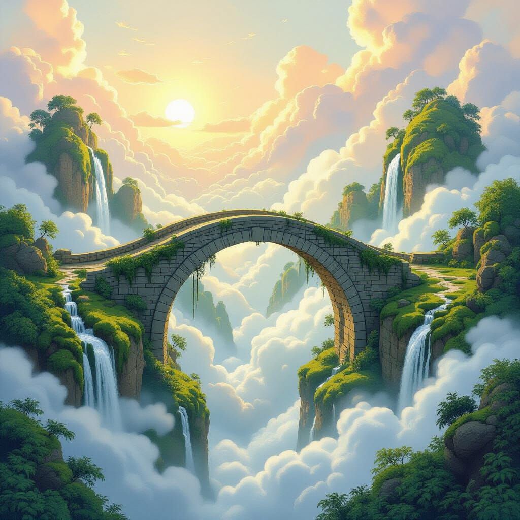 Enchanted Stone Bridge Over Chasm, Golden Hour Glow