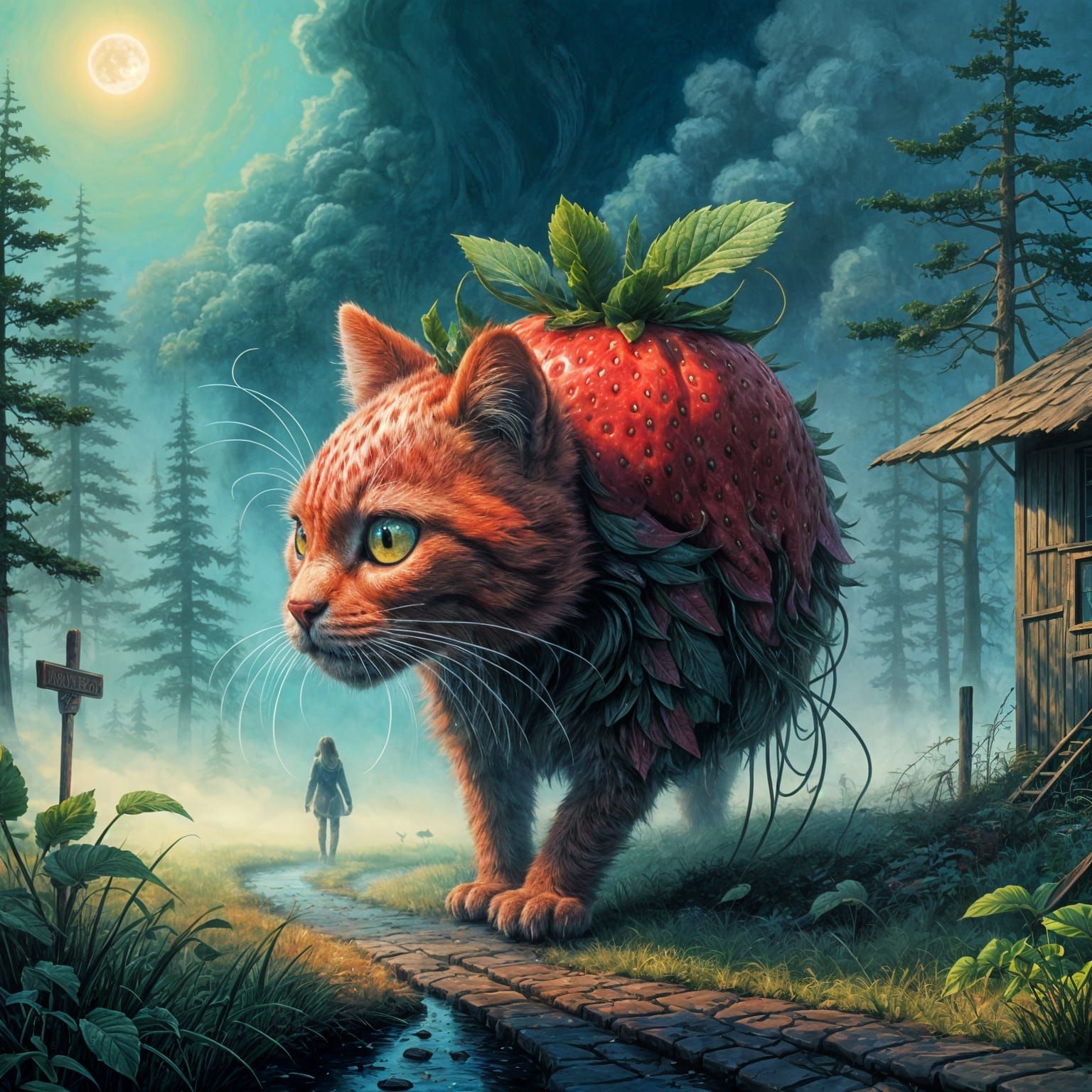 Whimsical Strawberry Cat in Dreamy Misty Landscape