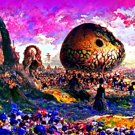 Demonic Embryo Worshipped in Surreal Landscape