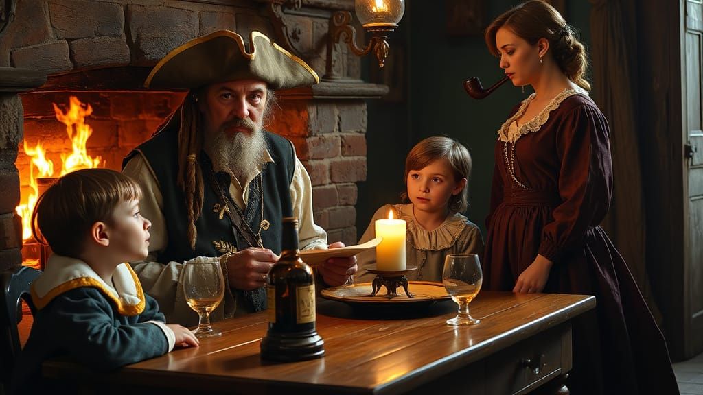 Pirate Captain Entertains Children by Firelight