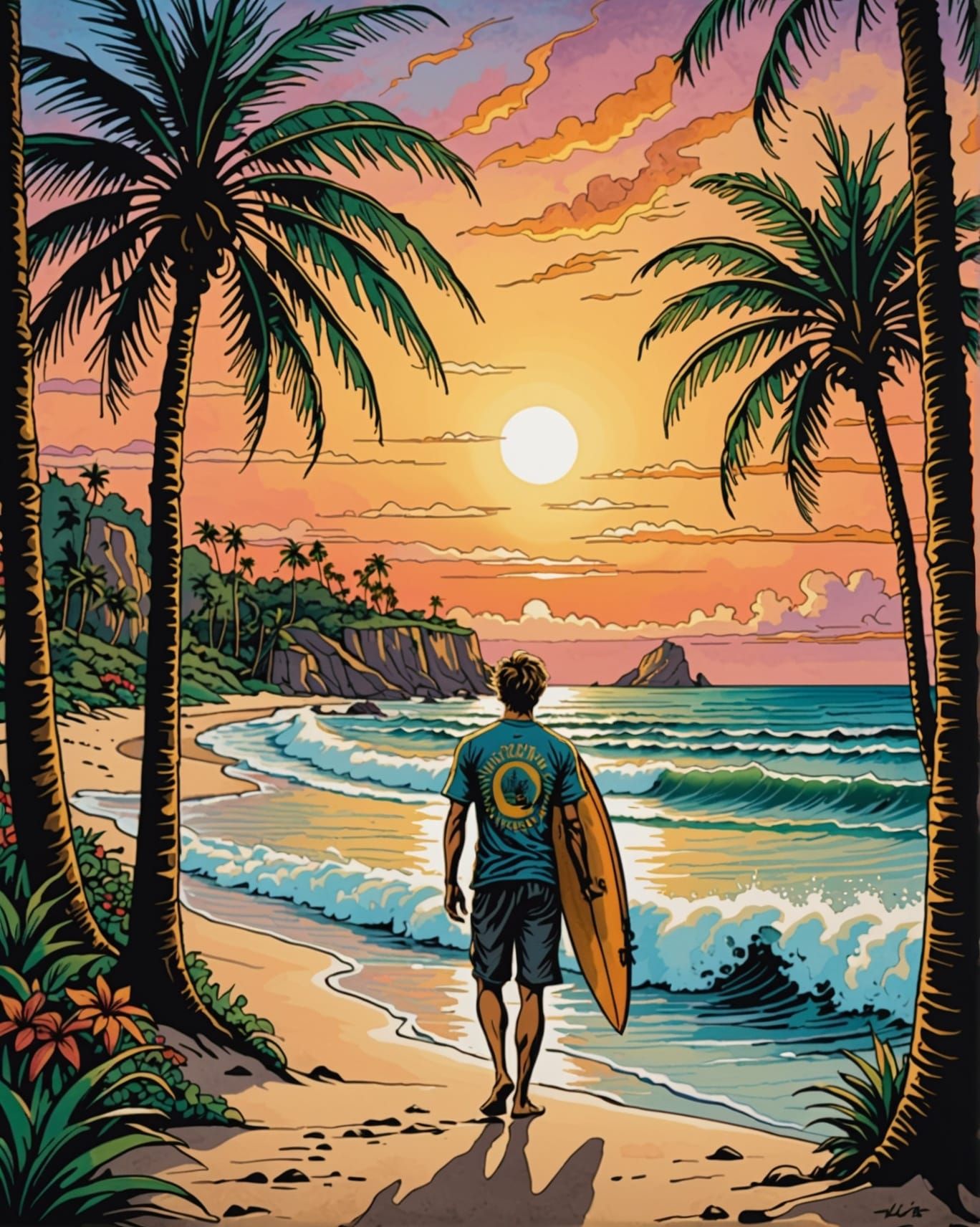 Hawaiian Sunset Surfer Portrait in Batik Style