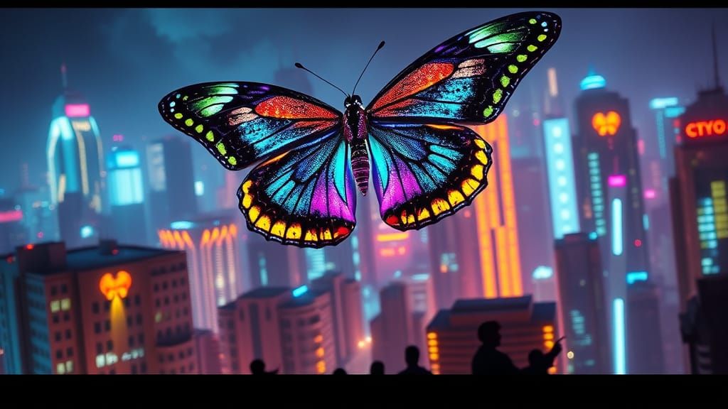 Giant Crystalline Butterfly Over Neon Cityscape