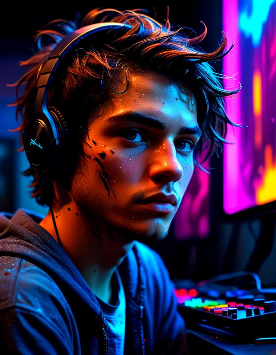 Teenage Gamer in Neon-Lit High-Tech Room