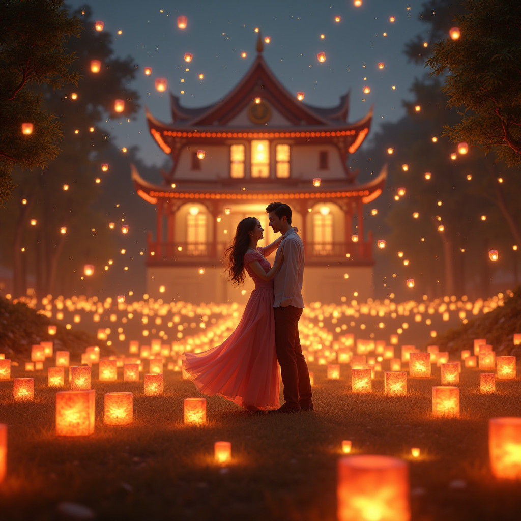Couple Dancing in Lantern Light: Hyper-Realistic Garden Scen...