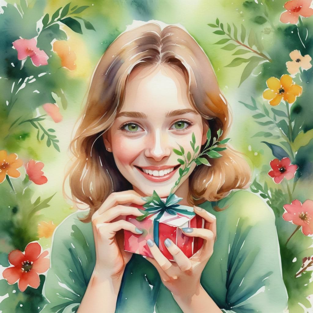 Watercolor Portrait of Smiling Person with Gift