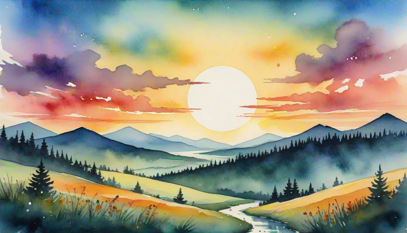 Surreal Watercolor Sunrise in Dreamy Morning Colors