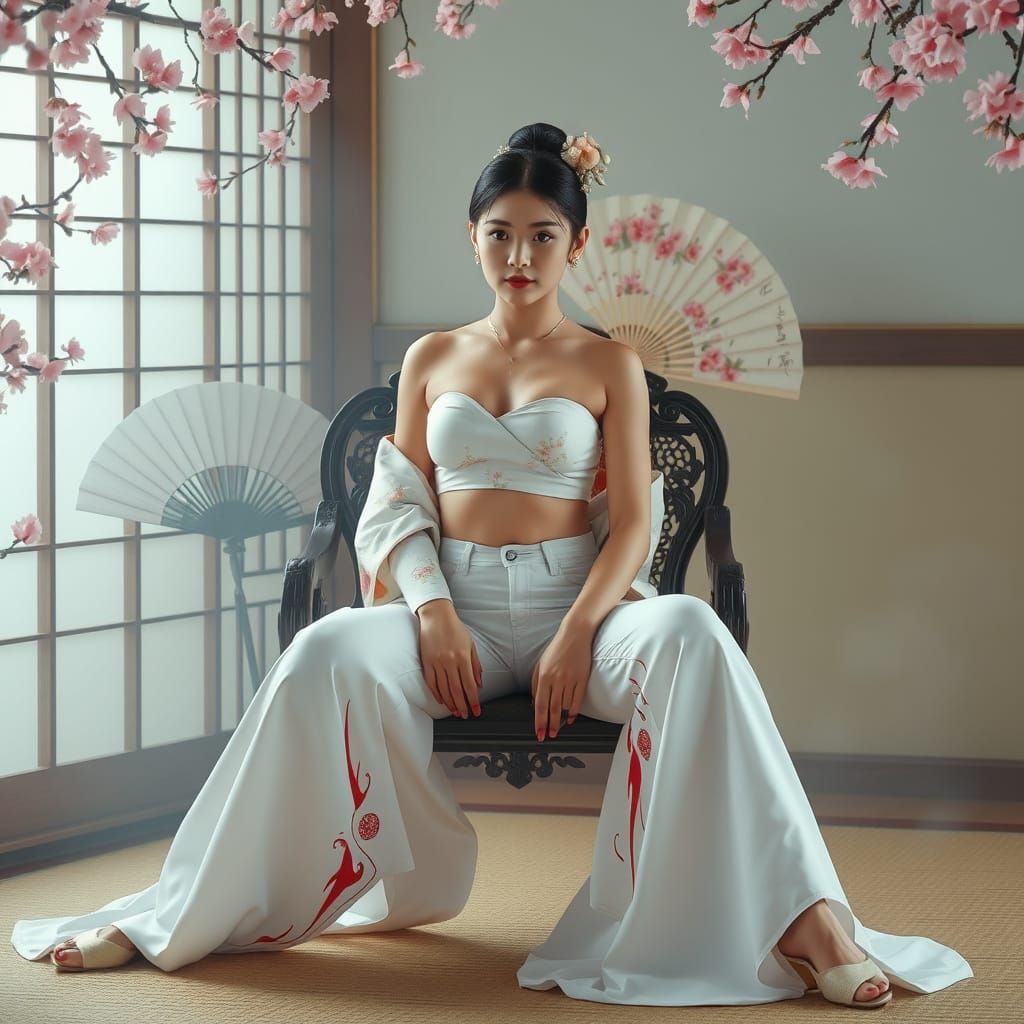 Geisha in Modern Attire with Cherry Blossoms