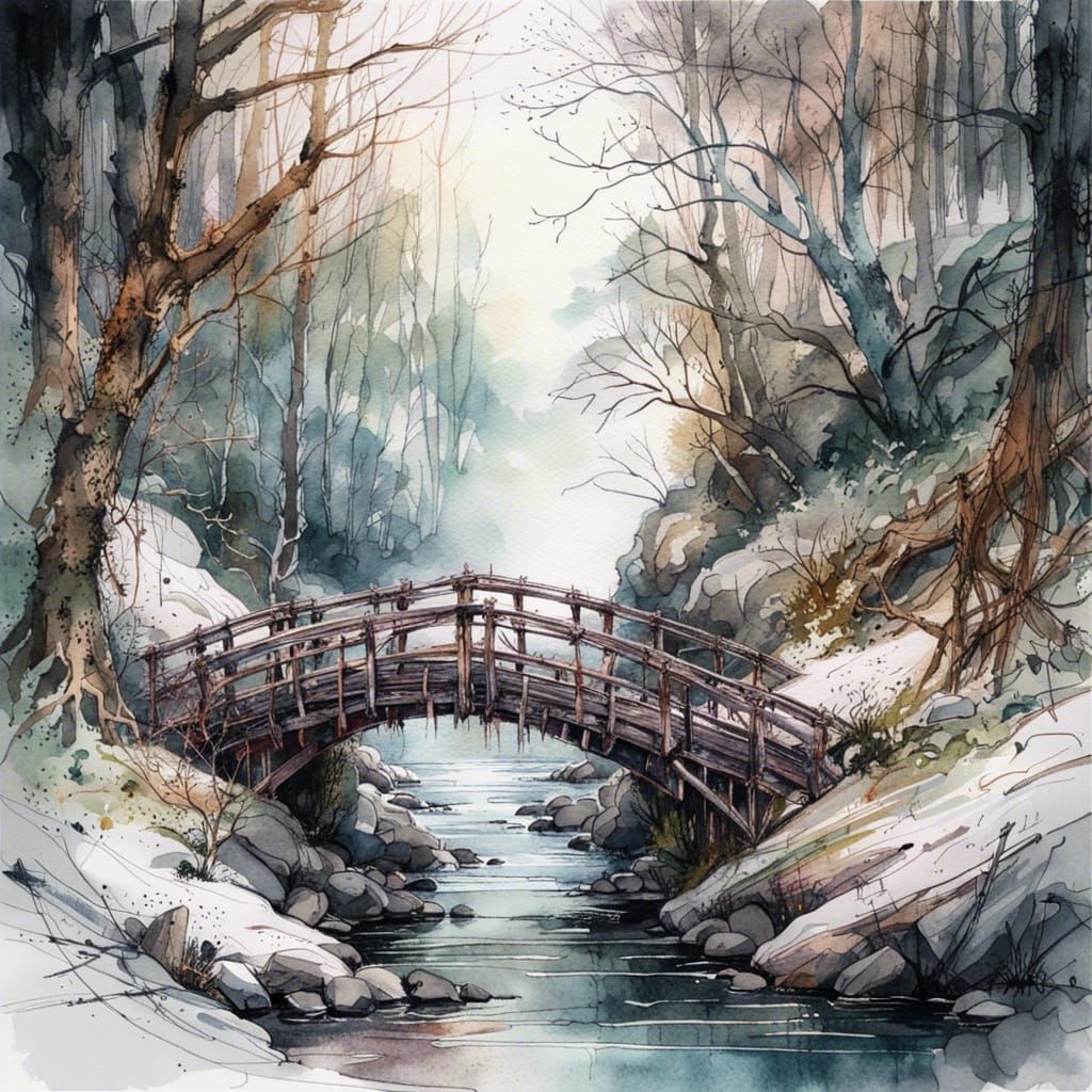 Snowy Forest Bridge in Detailed Watercolor Style